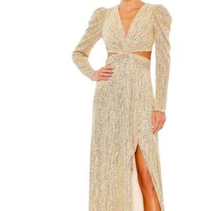 METALLIC PUFF SLEEVE FRONT TWIST CUT OUT GOWN